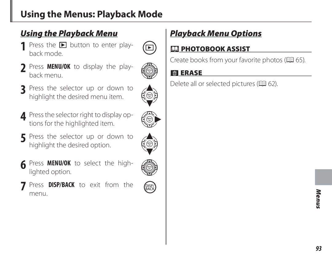 FujiFilm 16286187-4-KIT Using the Menus Playback Mode, Using the Playback Menu, Playback Menu Options,  PHOTOBOOK Assist 